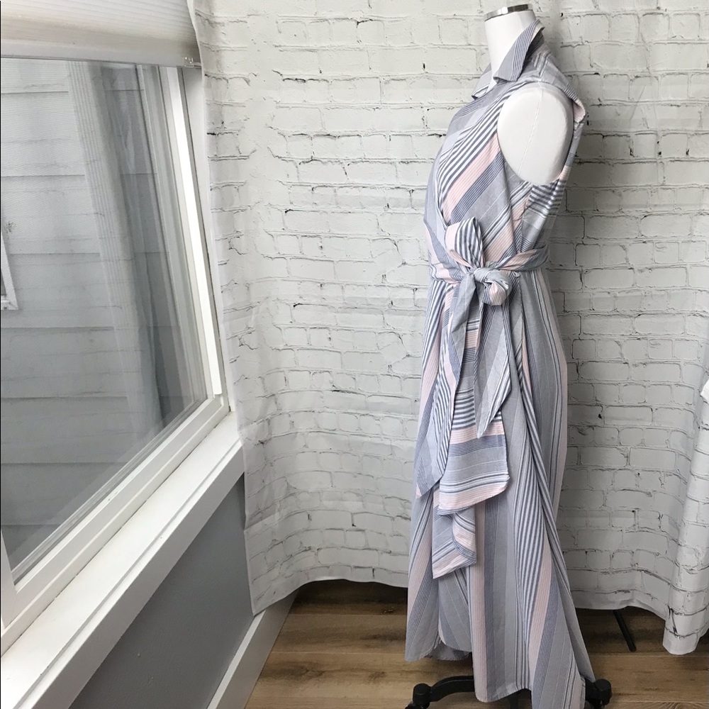 Calvin Klein Sleeveless Striped Wrap Maxi Dress in White and Light Blue - Picture 10 of 13